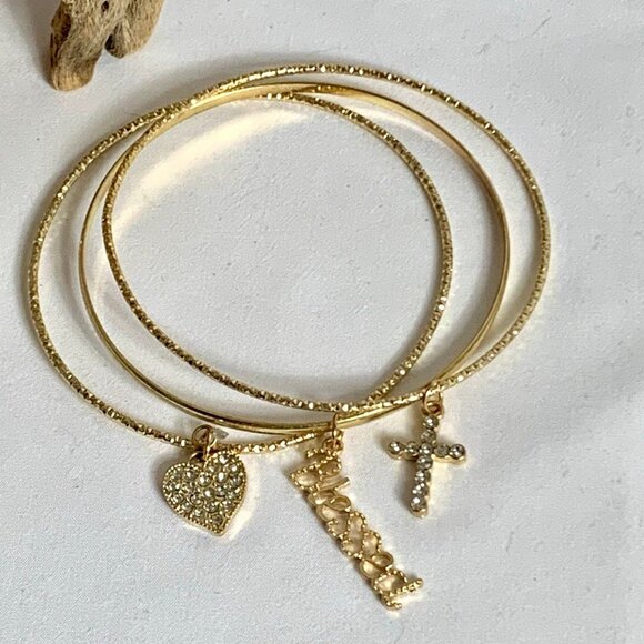 3 Gold Tone Bangle Bracelets with BLESSED Cross Heart Charms - Picture 6 of 7